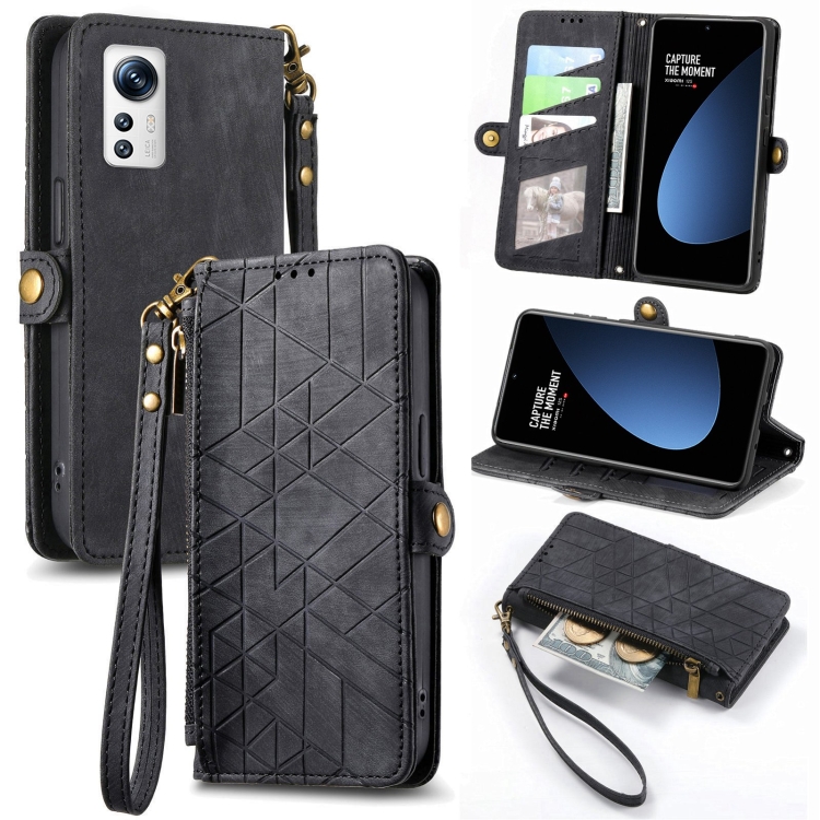 

For Xiaomi 12S Geometric Zipper Wallet Side Buckle Leather Phone Case(Black)