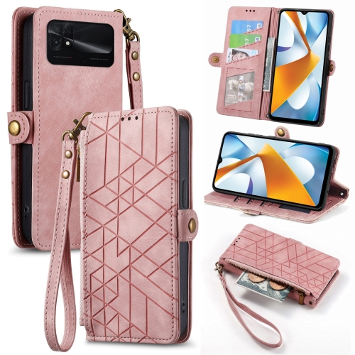 

For Xiaomi Poco C40 Geometric Zipper Wallet Side Buckle Leather Phone Case(Pink)