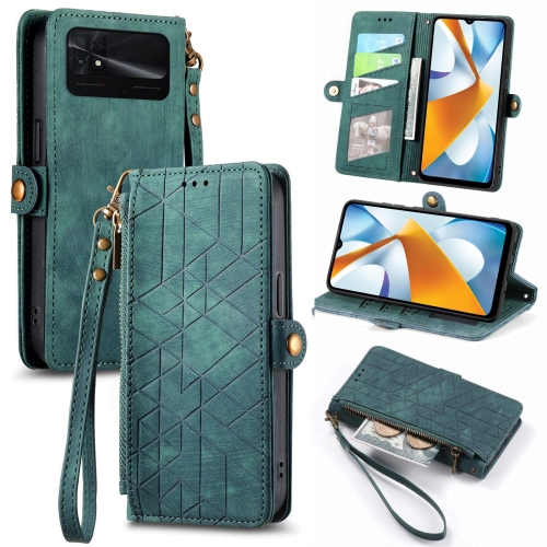 

For Xiaomi Poco C40 Geometric Zipper Wallet Side Buckle Leather Phone Case(Green)