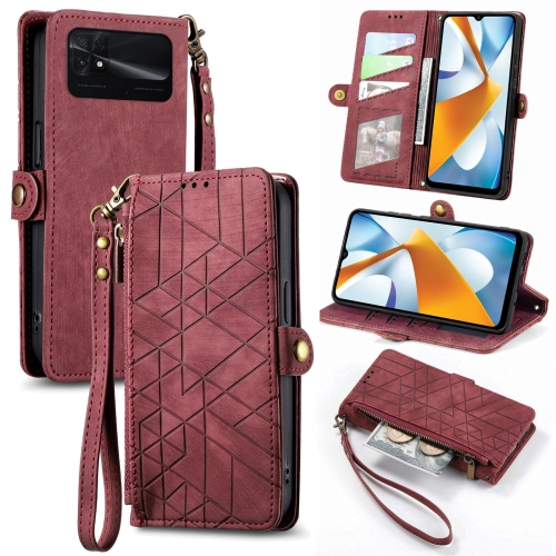 

For Xiaomi Poco C40 Geometric Zipper Wallet Side Buckle Leather Phone Case(Red)