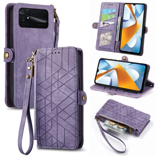 

For Xiaomi Poco C40 Geometric Zipper Wallet Side Buckle Leather Phone Case(Purple)