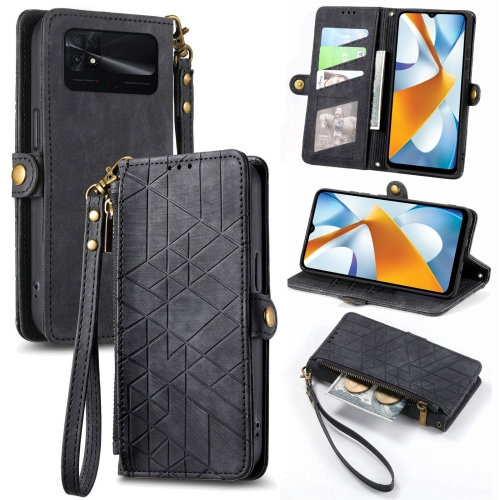 

For Xiaomi Poco C40 Geometric Zipper Wallet Side Buckle Leather Phone Case(Black)