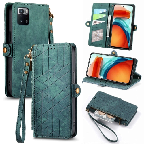 

For Xiaomi Poco X3 GT Geometric Zipper Wallet Side Buckle Leather Phone Case(Green)