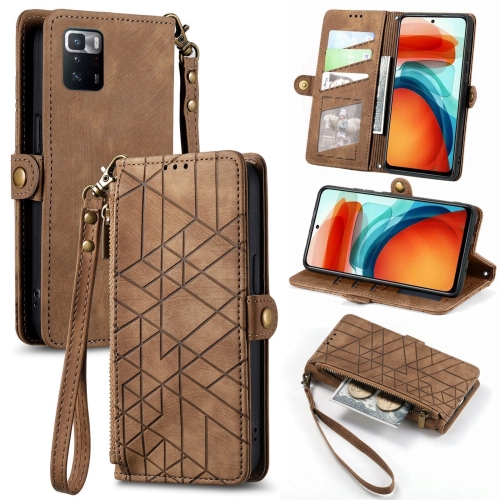 

For Xiaomi Poco X3 GT Geometric Zipper Wallet Side Buckle Leather Phone Case(Brown)