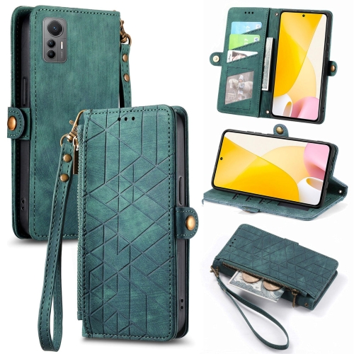 

For Xiaomi 12 Lite Geometric Zipper Wallet Side Buckle Leather Phone Case(Green)