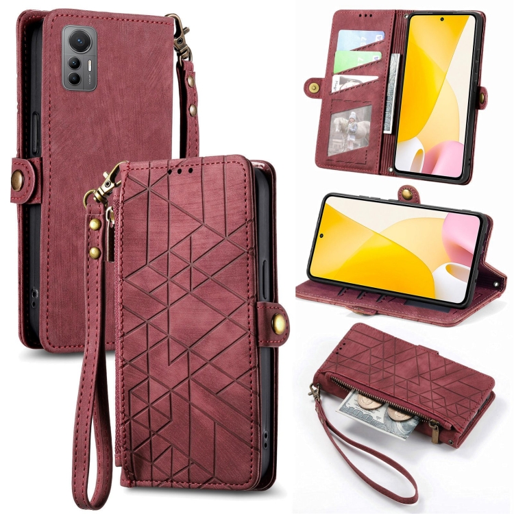 

For Xiaomi 12 Lite Geometric Zipper Wallet Side Buckle Leather Phone Case(Red)