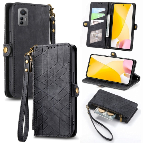 

For Xiaomi 12 Lite Geometric Zipper Wallet Side Buckle Leather Phone Case(Black)