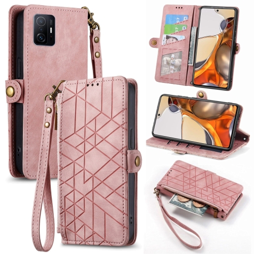 

For Xiaomi 11T Geometric Zipper Wallet Side Buckle Leather Phone Case(Pink)