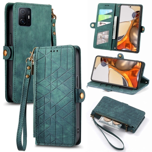 

For Xiaomi 11T Geometric Zipper Wallet Side Buckle Leather Phone Case(Green)