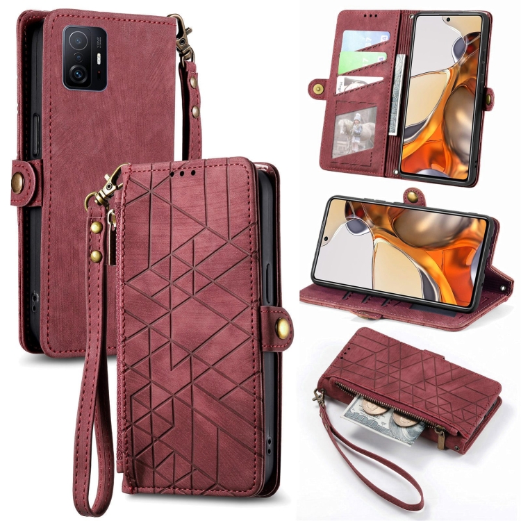 

For Xiaomi Mi 11T Geometric Zipper Wallet Side Buckle Leather Phone Case(Red)
