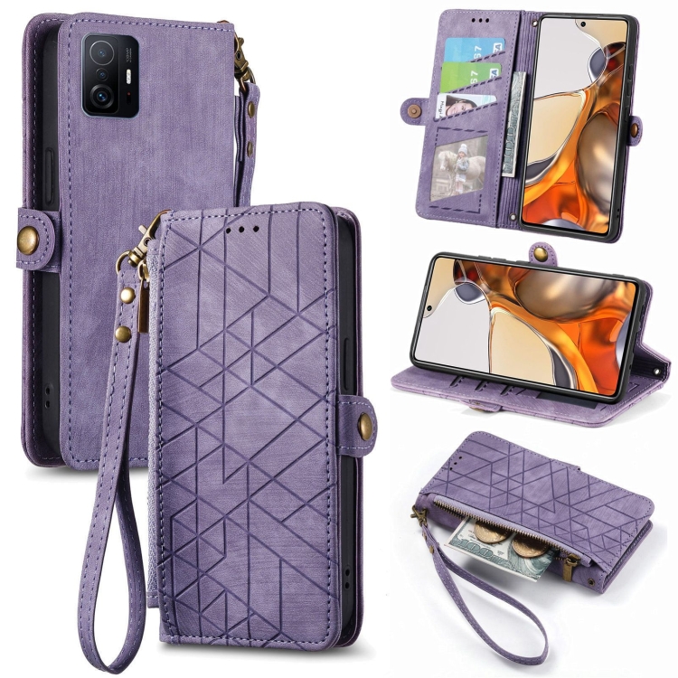 

For Xiaomi Mi 11T Geometric Zipper Wallet Side Buckle Leather Phone Case(Purple)