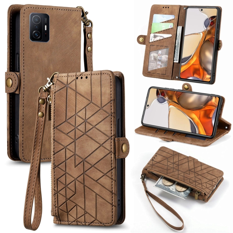 

For Xiaomi Mi 11T Geometric Zipper Wallet Side Buckle Leather Phone Case(Brown)