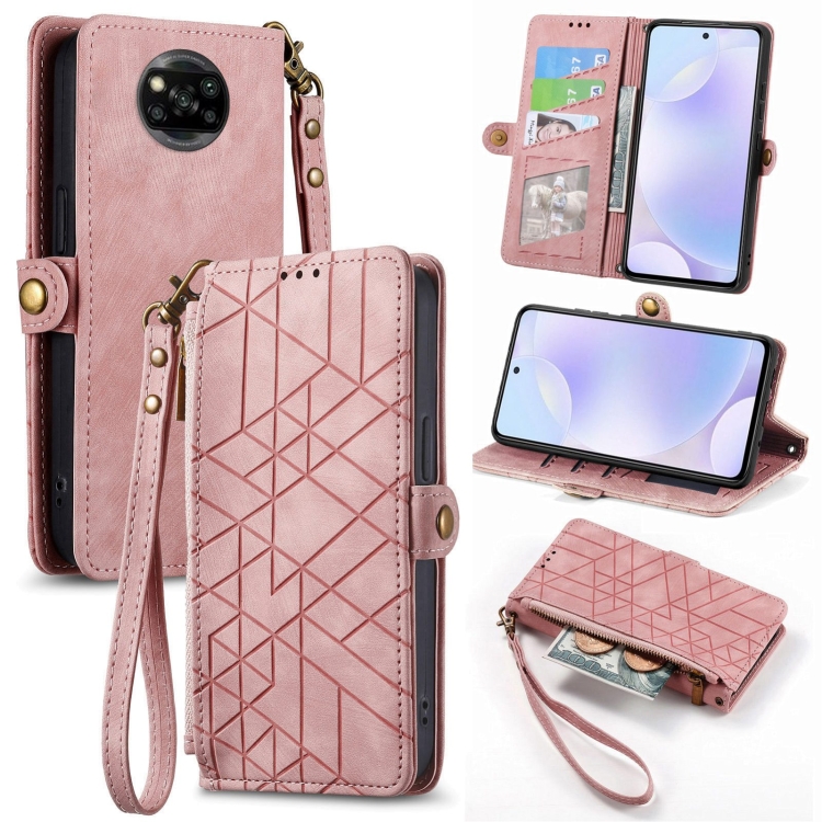 

For Xiaomi Poco X3 NFC Geometric Zipper Wallet Side Buckle Leather Phone Case(Pink)
