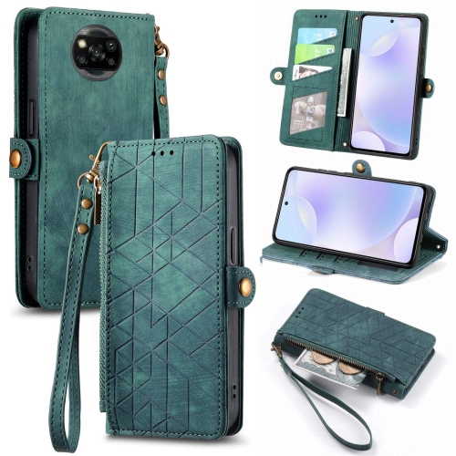 

For Xiaomi Poco X3 NFC Geometric Zipper Wallet Side Buckle Leather Phone Case(Green)