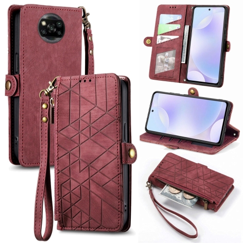 

For Xiaomi Poco X3 NFC Geometric Zipper Wallet Side Buckle Leather Phone Case(Red)