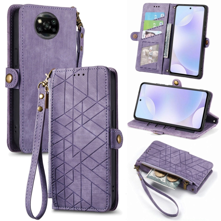 

For Xiaomi Poco X3 NFC Geometric Zipper Wallet Side Buckle Leather Phone Case(Purple)