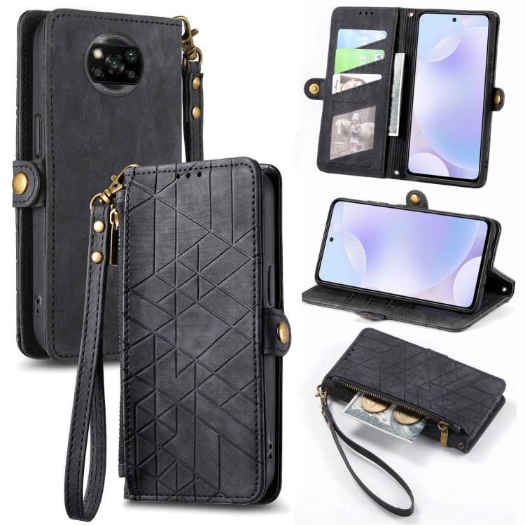 

For Xiaomi Poco X3 NFC Geometric Zipper Wallet Side Buckle Leather Phone Case(Black)