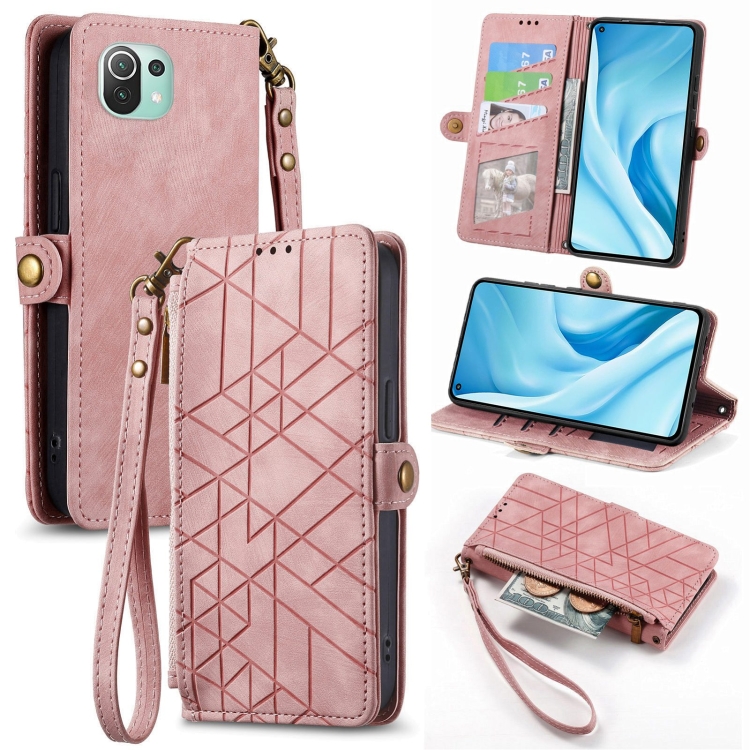 

For Xiaomi 11 Lite Geometric Zipper Wallet Side Buckle Leather Phone Case(Pink)