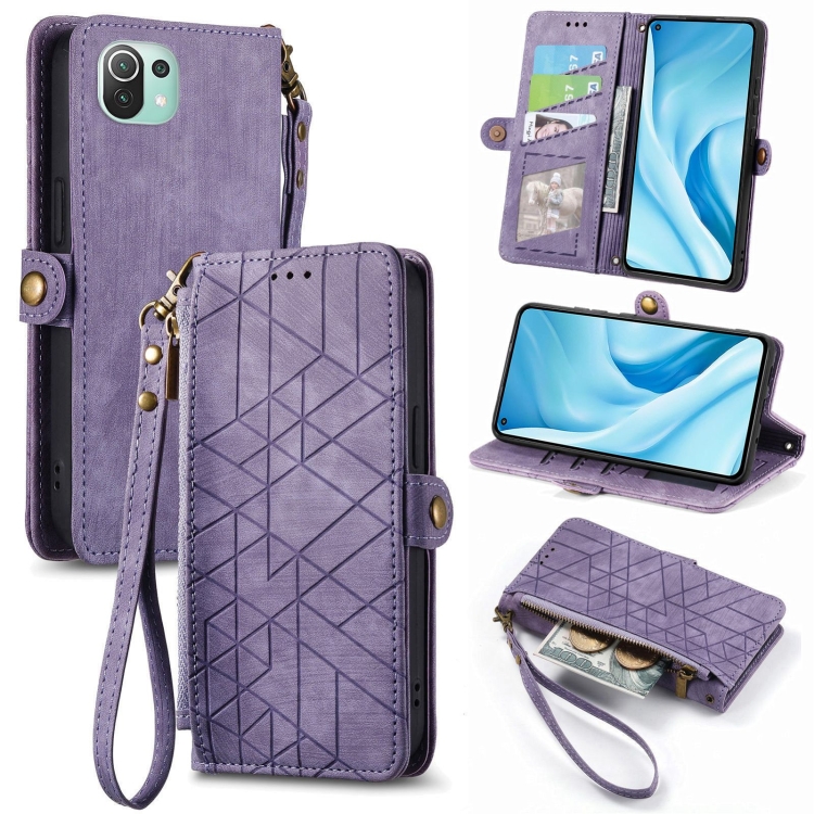 

For Xiaomi Mi 11 Lite Geometric Zipper Wallet Side Buckle Leather Phone Case(Purple)