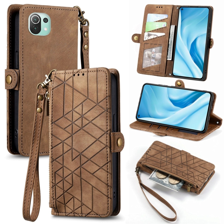 

For Xiaomi 11 Lite Geometric Zipper Wallet Side Buckle Leather Phone Case(Brown)