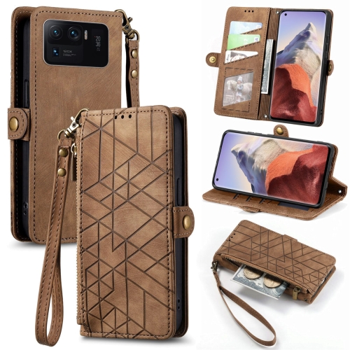 

For Xiaomi 11 Ultra Geometric Zipper Wallet Side Buckle Leather Phone Case(Brown)