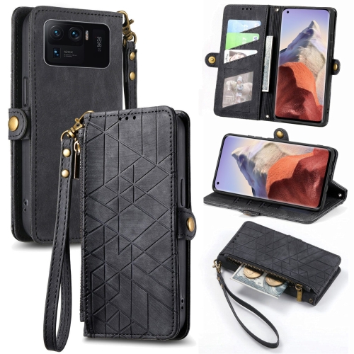 

For Xiaomi Mi 11 Ultra Geometric Zipper Wallet Side Buckle Leather Phone Case(Black)