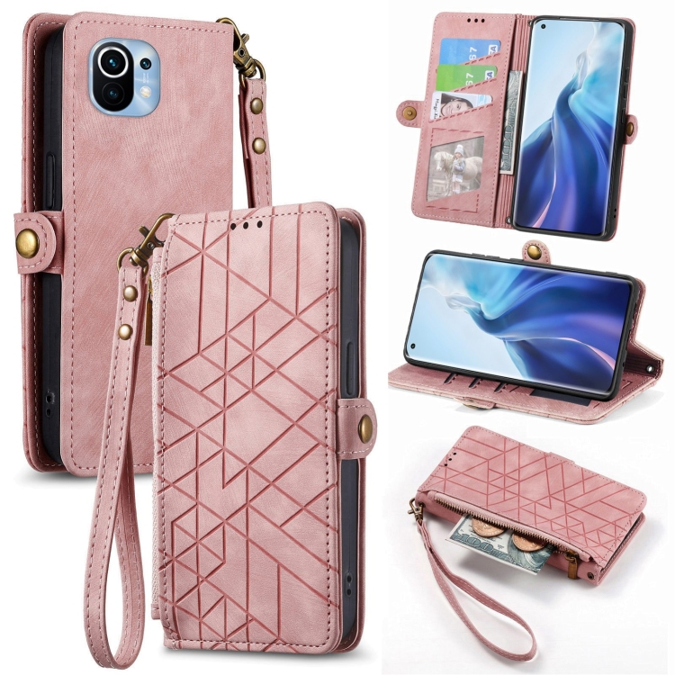 

For Xiaomi 11 Geometric Zipper Wallet Side Buckle Leather Phone Case(Pink)
