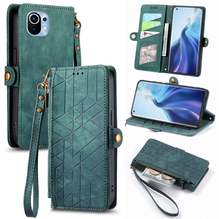 

For Xiaomi 11 Geometric Zipper Wallet Side Buckle Leather Phone Case(Green)
