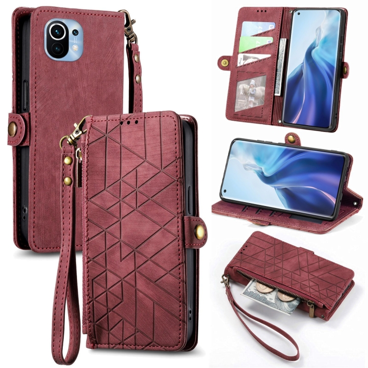 

For Xiaomi Mi 11 Geometric Zipper Wallet Side Buckle Leather Phone Case(Red)