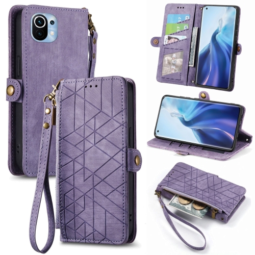 

For Xiaomi Mi 11 Geometric Zipper Wallet Side Buckle Leather Phone Case(Purple)