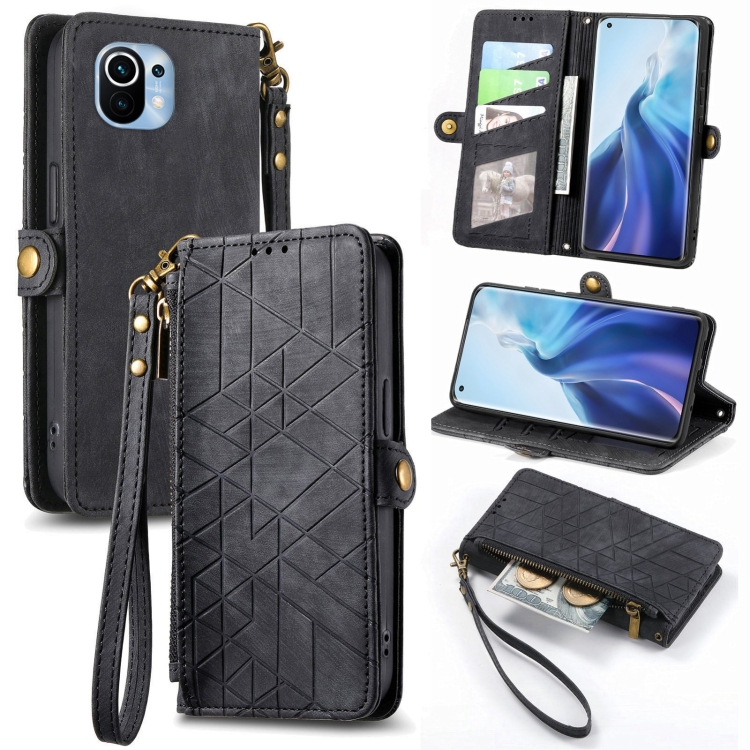 

For Xiaomi Mi 11 Geometric Zipper Wallet Side Buckle Leather Phone Case(Black)