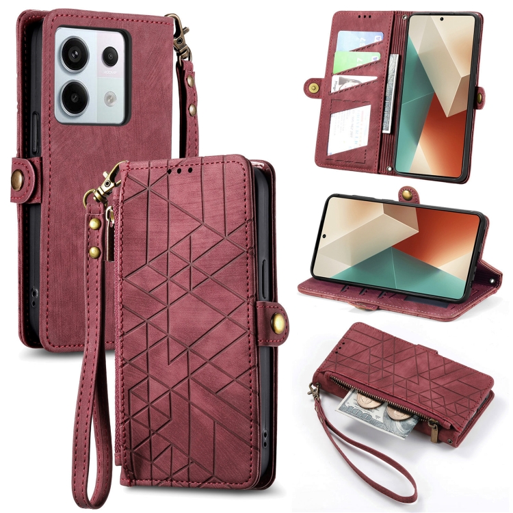 

For Xiaomi Redmi Note 13 Pro Geometric Zipper Wallet Side Buckle Leather Phone Case(Red)