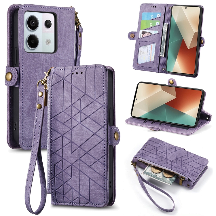 

For Xiaomi Redmi Note 13 Pro Geometric Zipper Wallet Side Buckle Leather Phone Case(Purple)