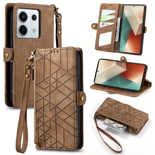 

For Xiaomi Redmi Note 13 Pro Geometric Zipper Wallet Side Buckle Leather Phone Case(Brown)