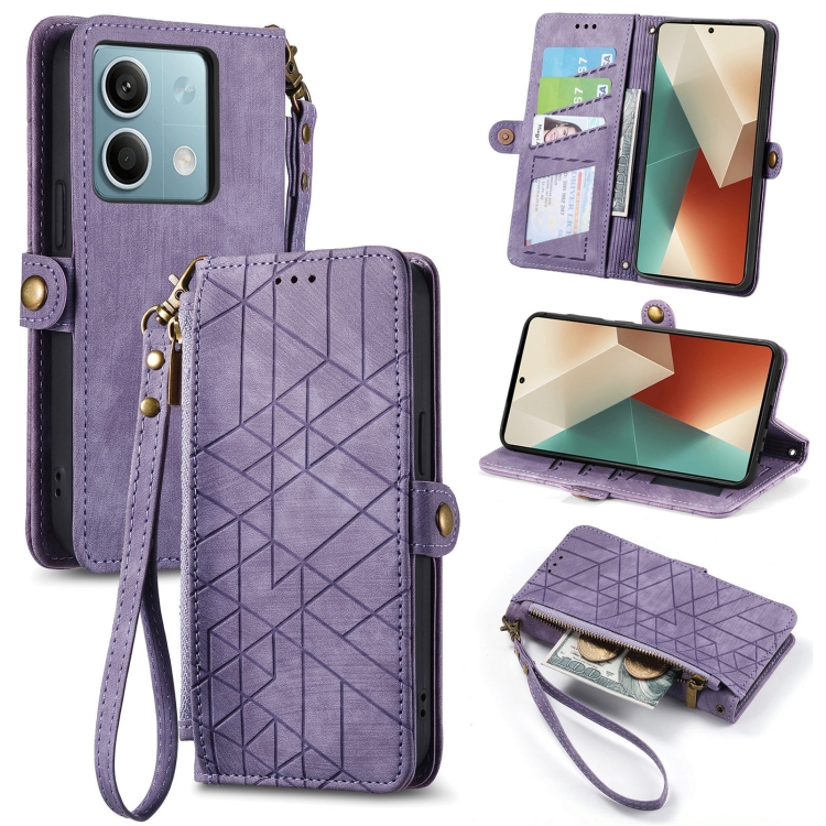 

For Redmi Note 13 5G Global Geometric Zipper Wallet Side Buckle Leather Phone Case(Purple)