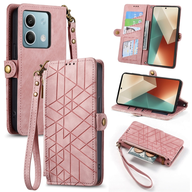 

For Redmi Note 13 4G Geometric Zipper Wallet Side Buckle Leather Phone Case(Pink)