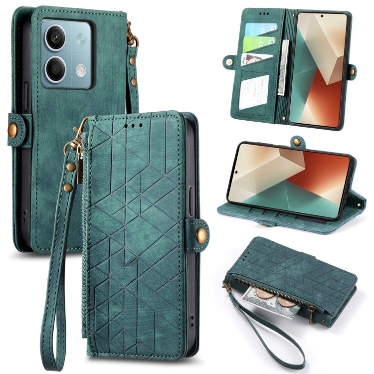 

For Redmi Note 13 4G Geometric Zipper Wallet Side Buckle Leather Phone Case(Green)
