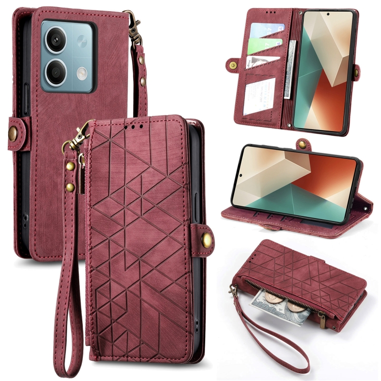

For Redmi Note 13 4G Geometric Zipper Wallet Side Buckle Leather Phone Case(Red)