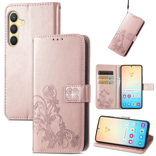 

For Samsung Galaxy S24 5G Four-leaf Clasp Embossed Buckle Leather Phone Case(Rose Gold)