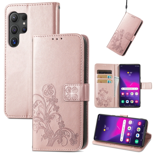 

For Samsung Galaxy S24 Ultra 5G Four-leaf Clasp Embossed Buckle Leather Phone Case(Rose Gold)