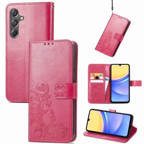 

For Samsung Galaxy A15 Four-leaf Clasp Embossed Buckle Leather Phone Case(Magenta)