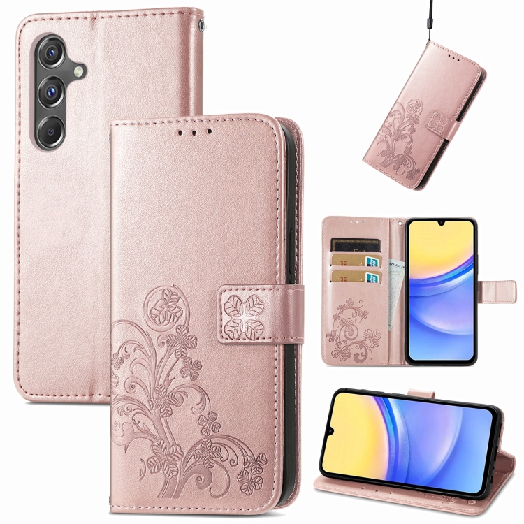 

For Samsung Galaxy A15 Four-leaf Clasp Embossed Buckle Leather Phone Case(Rose Gold)
