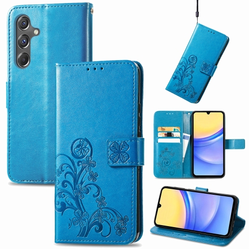 

For Samsung Galaxy A15 Four-leaf Clasp Embossed Buckle Leather Phone Case(Blue)