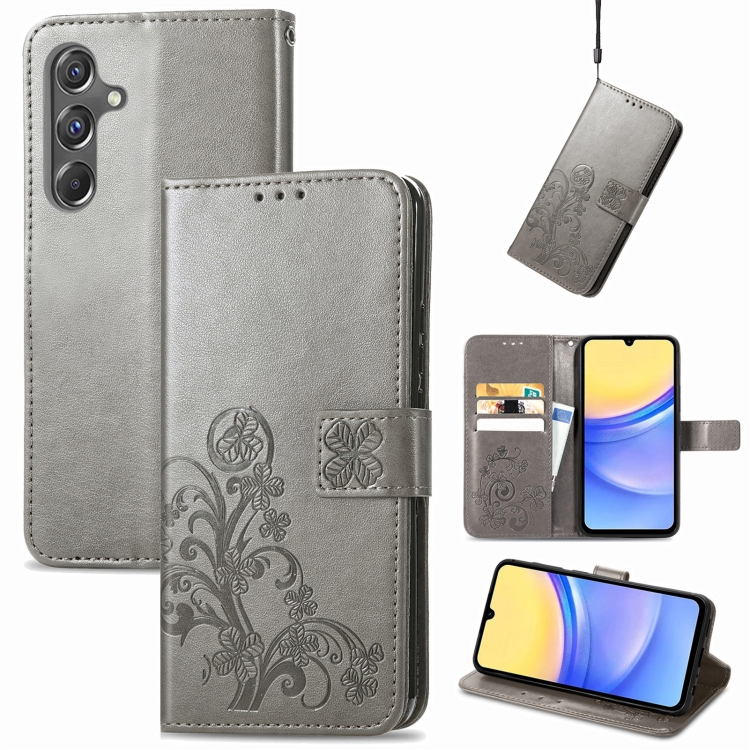 

For Samsung Galaxy A15 Four-leaf Clasp Embossed Buckle Leather Phone Case(Gray)