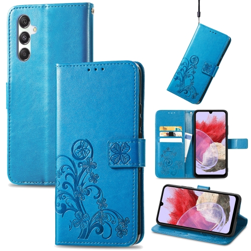 

For Samsung Galaxy M34 5G Four-leaf Clasp Embossed Buckle Leather Phone Case(Blue)