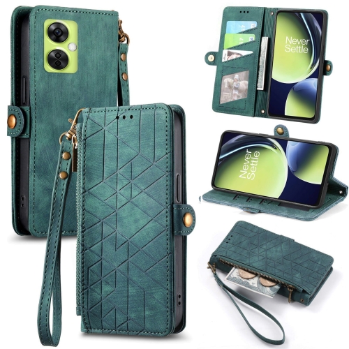 

For OnePlus Nord CE3 Geometric Zipper Wallet Side Buckle Leather Phone Case(Green)