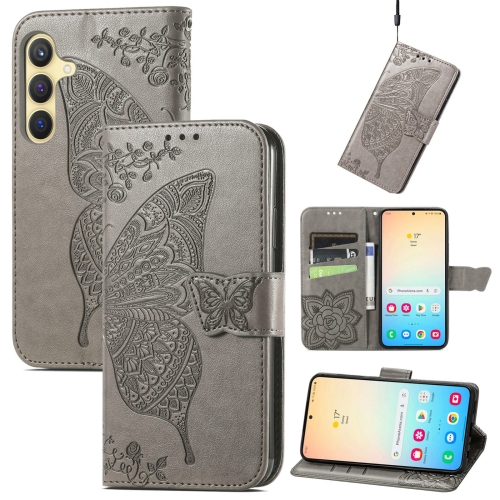 

For Samsung Galaxy A25 5G Butterfly Love Flower Embossed Leather Phone Case(Gray)