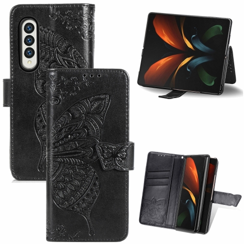 

For Samsung Galaxy Z Fold5 Butterfly Love Flower Embossed Leather Phone Case(Black)