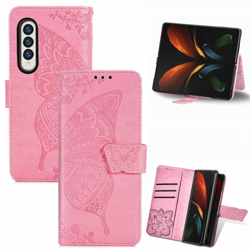 

For Samsung Galaxy Z Fold5 Butterfly Love Flower Embossed Leather Phone Case(Pink)