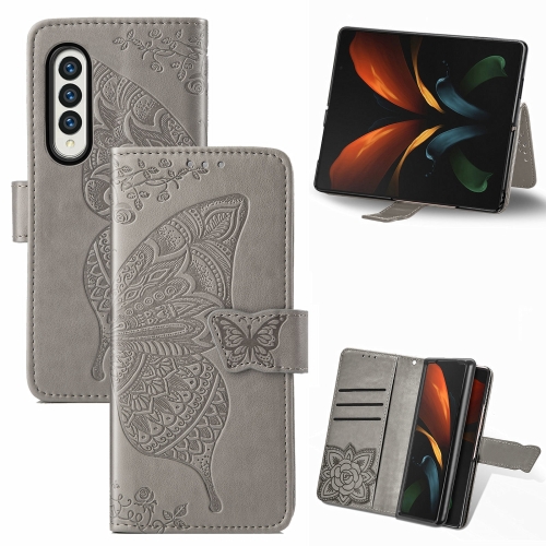 

For Samsung Galaxy Z Fold5 Butterfly Love Flower Embossed Leather Phone Case(Gray)
